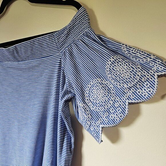 EUC LOFT VINTAGE SOFT STRIPED BOATNECK / OFF SHOULDER TOP EMBROIDERED SLEEVES S - Picture 3 of 11